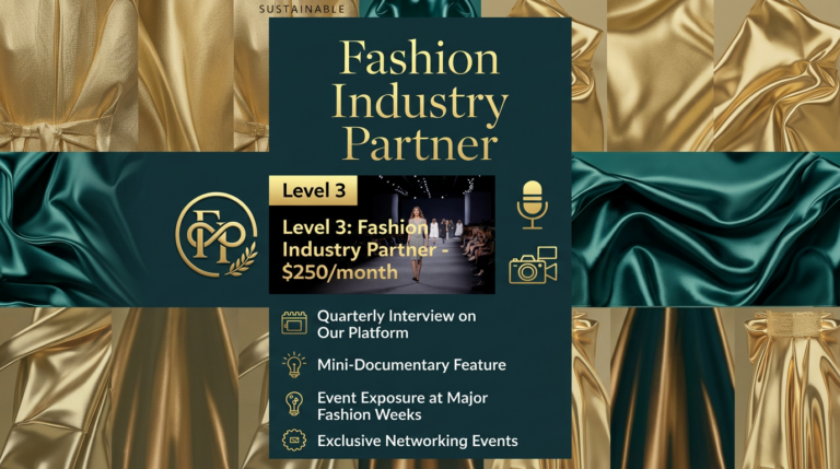 Become a Fashion Industry Partner for $250/month with Exotic Fashion Global. Enjoy quarterly founder interviews, runway exposure, social campaigns, and LAAMT Studios mini-documentary consideration. Perfect for designers and sustainable brands.